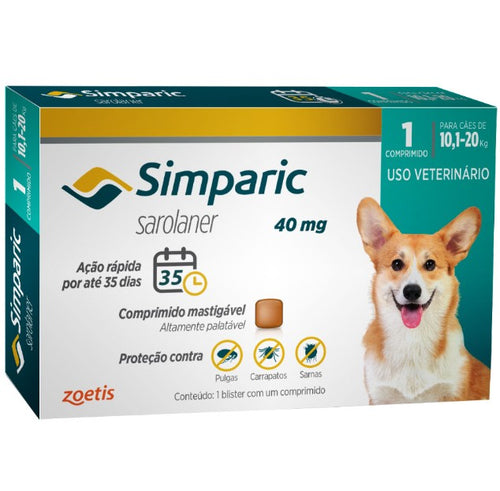 Antipulgas Simparic 40 mg para cães 10,1 a 20 kg - Zoetis - 1 comprimido