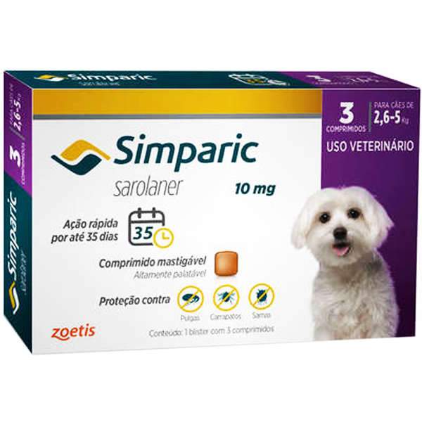 Antipulgas Simparic 10 mg para cães 2,6 a 5 kg - Zoetis - 3 comprimidos