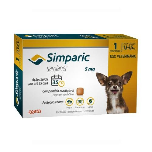 Antipulgas Simparic 5 mg para cães 1,3 a 2,5 kg - Zoetis - 1 comprimido