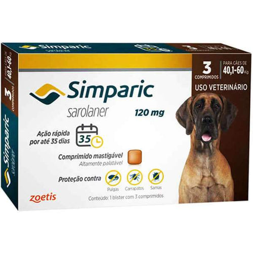 Antipulgas Simparic 120 mg para cães 40,1 a 60 kg - Zoetis - 3 comprimidos