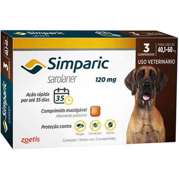 Antipulgas Simparic 120 mg para cães 40,1 a 60 kg - Zoetis - 3 comprimidos