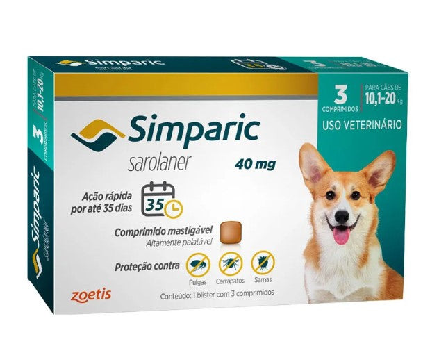 Antipulgas Simparic 40 mg para cães 10,1 a 20 kg - Zoetis - 3 comprimidos