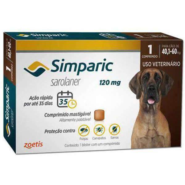 Antipulgas Simparic 120 mg para cães 40,1 a 60 kg - Zoetis - 1 comprimido