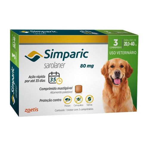 Antipulgas Simparic 80 mg para cães 20,1 a 40 kg - Zoetis - 3 comprimidos