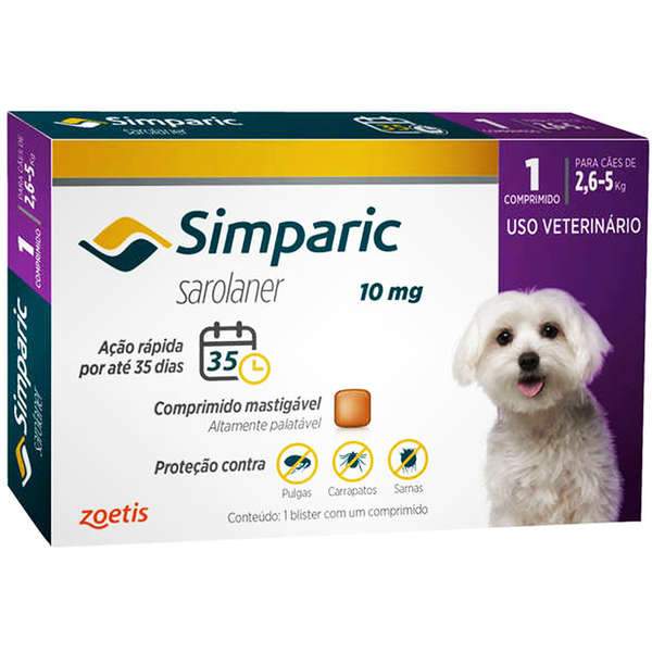 Antipulgas Simparic 10 mg para cães 2,6 a 5 kg - Zoetis - 1 comprimido