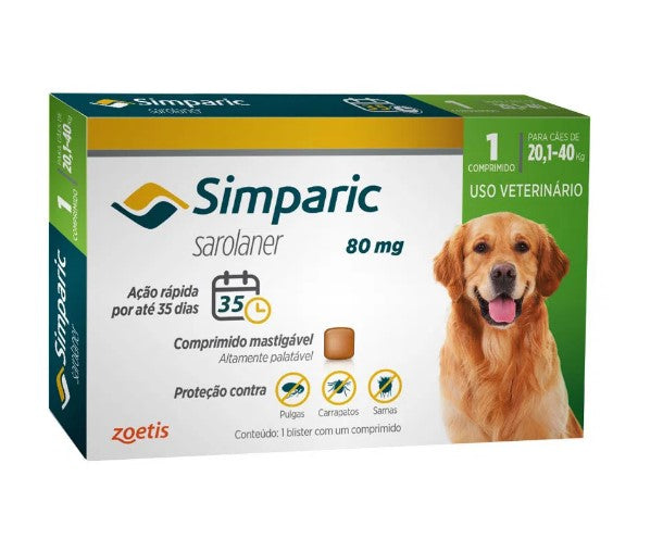 Antipulgas Simparic 80 mg para cães 20,1 a 40 kg - Zoetis - 1 comprimido