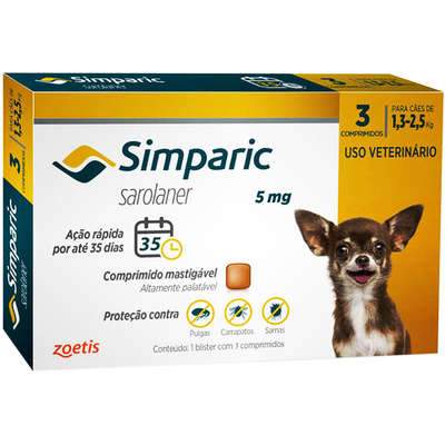 Antipulgas Simparic 5 mg para cães 1,3 a 2,5 kg - Zoetis - 3 comprimidos
