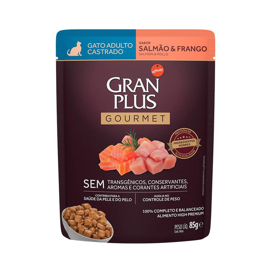 Ração Úmida GranPlus Gourmet Sachê para Gatos Castrados Sabor Salmão e Frango - 85g pet shop niteroi